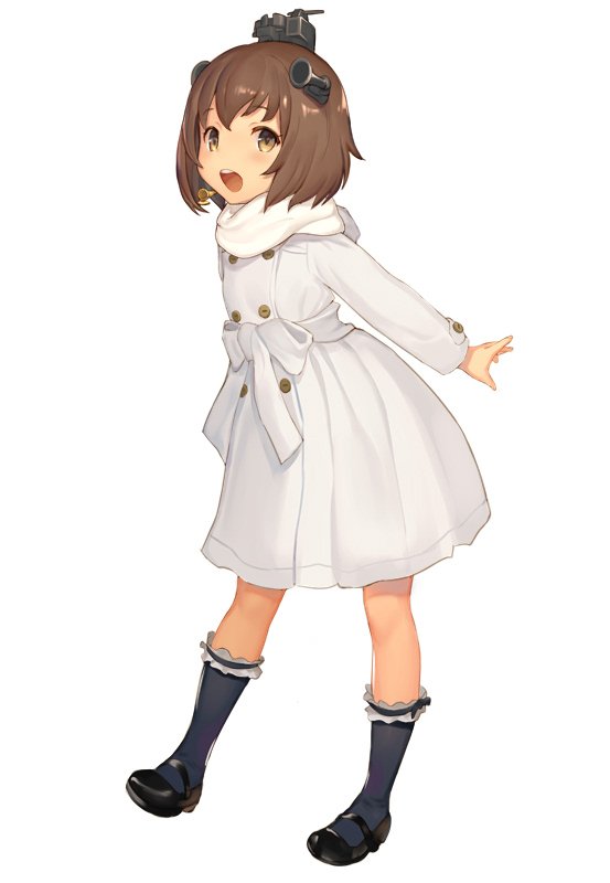 1girl :d alternate_costume bangs black_footwear black_legwear blush bow brown_eyes brown_hair buttons coat double-breasted frills headgear kantai_collection keemu_(occhoko-cho) kneehighs legs_apart long_sleeves mary_janes open_mouth round_teeth scarf shoes short_hair simple_background smile solo standing tareme teeth white_background white_bow white_coat white_scarf winter_clothes winter_coat yukikaze_(kantai_collection)