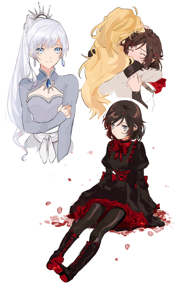 3girls blonde_hair brown_hair closed_eyes crying gothic_lolita grey_eyes hug lolita_fashion multiple_girls ruby_rose rwby scar scar_across_eye siblings sisters weiss_schnee white_hair yang_xiao_long