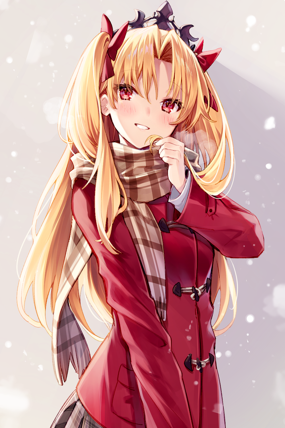 1girl bangs blonde_hair blush bow brown_scarf coat commentary_request duffel_coat ereshkigal_(fate/grand_order) eyebrows_visible_through_hair fate/grand_order fate_(series) fringe_trim grey_skirt grin hair_between_eyes hair_bow hand_up head_tilt highres holding holding_hair long_hair long_sleeves looking_at_viewer parted_bangs plaid plaid_scarf plaid_skirt pleated_skirt red_bow red_coat red_eyes scarf sidelocks skirt smile solo tiara two_side_up very_long_hair yuya_(night_lily)