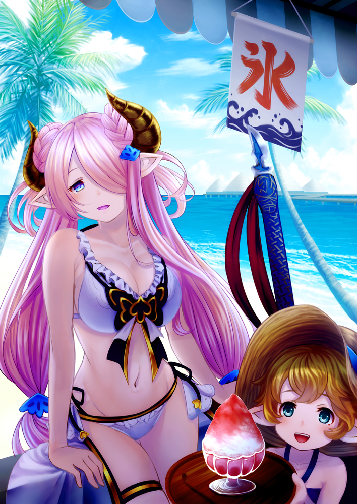 2girls bare_shoulders beach bikini blonde_hair blue_eyes breasts cleavage collarbone cowboy_shot day doraf granblue_fantasy hair_ornament hair_over_one_eye horns koko_(koko3) large_breasts lavender_hair long_hair looking_at_viewer low-tied_long_hair low_twintails multiple_girls narumeia_(granblue_fantasy) navel outdoors parted_lips pointy_ears shaved_ice short_hair sierokarte smile stomach swimsuit thighlet twintails very_long_hair white_bikini