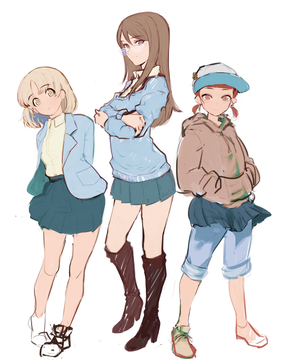 3girls aki_(girls_und_panzer) alternate_eye_color arms_behind_back bangs black_footwear blazer blue_jacket blue_pants blue_skirt blue_sweater boots brown_eyes brown_footwear brown_hair brown_shirt casual closed_mouth collared_shirt cross-laced_footwear crossed_arms eyebrows_visible_through_hair full_body girls_und_panzer glasses hair_down hands_in_pockets high_heel_boots high_heels highres hood hoodie jacket knee_boots light_brown_eyes light_brown_hair light_smile long_hair long_sleeves looking_at_viewer mika_(girls_und_panzer) mikko_(girls_und_panzer) miniskirt mityubi multiple_girls no_hat no_headwear no_legwear pants pants_rolled_up pants_under_skirt parted_lips pleated_skirt red_eyes redhead shirt shoes short_hair short_twintails simple_background sketch skirt sneakers standing sweater sweatshirt track_pants twintails under-rim_eyewear v-neck white-framed_eyewear white_background white_footwear white_shirt