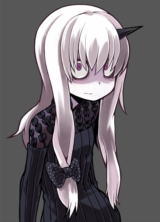 1girl 3: albino arms_at_sides ayame_(0419) bags_under_eyes black_bow black_dress bow closed_mouth constricted_pupils dress facing_away fate/grand_order fate_(series) flat_chest grey_background hair_between_eyes hair_bow horn lavinia_whateley_(fate/grand_order) leaning leaning_back long_hair long_sleeves looking_at_viewer polka_dot polka_dot_bow ribbed_dress shaded_face simple_background solo straight_hair upper_body violet_eyes white_hair white_skin wide-eyed