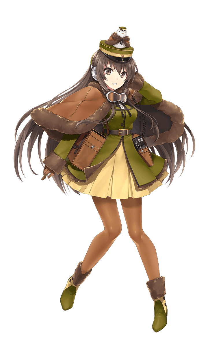 1girl bird black_ribbon boots breasts brown_capelet brown_eyes brown_hair brown_legwear brown_skirt earphones formation_girls full_body fur-trimmed_capelet fur-trimmed_jacket fur_trim goggles goggles_around_neck hat highres jacket kagachi_saku kazehaya_yayoi long_hair looking_at_viewer medium_breasts military military_uniform neck_ribbon official_art pantyhose peaked_cap pigeon ribbon skirt smile solo transparent_background uniform very_long_hair