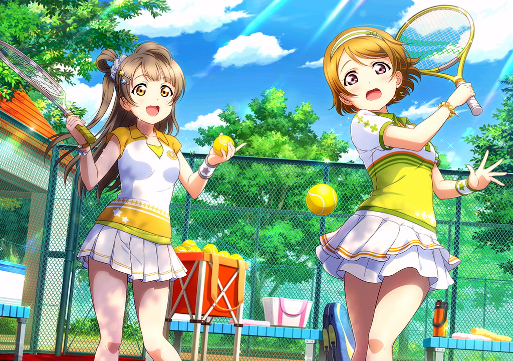 2girls :o artist_request bag ball bangs bench blue_sky blunt_bangs bracelet breasts brown_eyes brown_hair chain-link_fence clouds fence flying_sweatdrops hairband holding jewelry koizumi_hanayo long_hair looking_at_another looking_at_viewer love_live! love_live!_school_idol_festival love_live!_school_idol_project medium_breasts minami_kotori multiple_girls official_art one_side_up open_mouth outdoors pleated_skirt racket scrunchie short_hair skirt sky smile sportswear sunlight sweat sweating tennis tennis_ball tennis_court tennis_racket tennis_uniform towel tree violet_eyes wristband