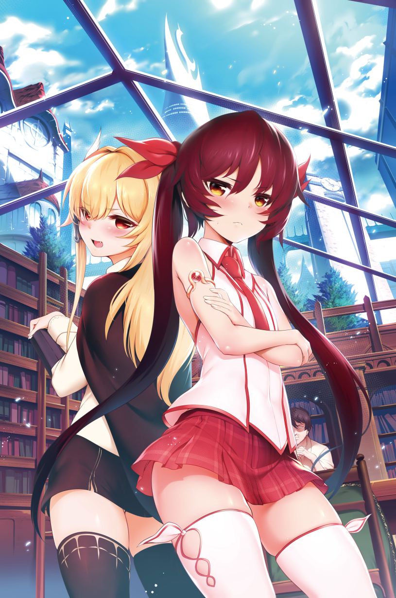 1boy 2girls :d armlet black_legwear blonde_hair blue_sky blush bookshelf cape character_request clouds crossed_arms day eyebrows_visible_through_hair fang frown hair_ribbon highres indoors long_hair looking_at_viewer m-da_s-tarou multiple_girls official_art open_mouth orange_eyes red_eyes redhead ribbon skirt sky smile tanaka_the_wizard thigh-highs twintails very_long_hair white_legwear