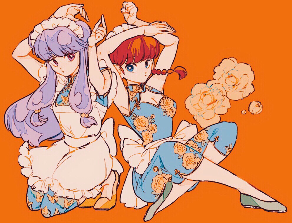 2girls apron braid breasts chinese_clothes cleavage_cutout double_bun genderswap genderswap_(mtf) multiple_girls no_socks purple_hair ranma-chan ranma_1/2 redhead saotome_ranma shampoo_(ranma_1/2) single_braid