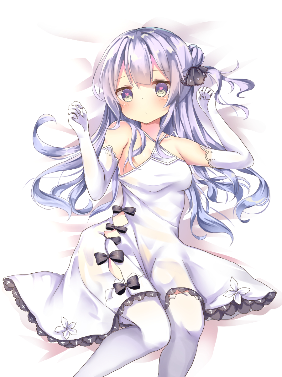 1girl azur_lane bangs bare_shoulders bed_sheet black_bow black_ribbon bow breasts commentary_request dress elbow_gloves eyebrows_visible_through_hair gloves hair_bun hair_ribbon halterneck hands_up heart heart-shaped_pupils highres long_hair lying medium_breasts on_back one_side_up purple_hair ribbon side_bun solo symbol-shaped_pupils thigh-highs tsuruse unicorn_(azur_lane) very_long_hair violet_eyes white_dress white_gloves white_legwear