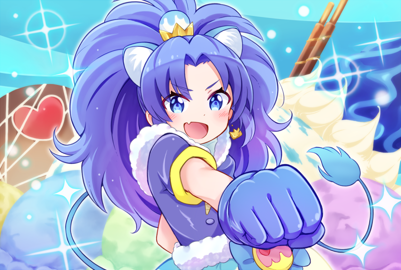 1girl :d animal_ears blue_bow blue_eyes blue_gloves blue_hair blue_shirt bow check_(check_book) clenched_hand cure_gelato earrings extra_ears food gloves heart ice_cream jewelry kirakira_precure_a_la_mode lion_ears lion_tail long_hair looking_at_viewer magical_girl object_namesake open_mouth precure shirt smile solo tail tategami_aoi upper_body