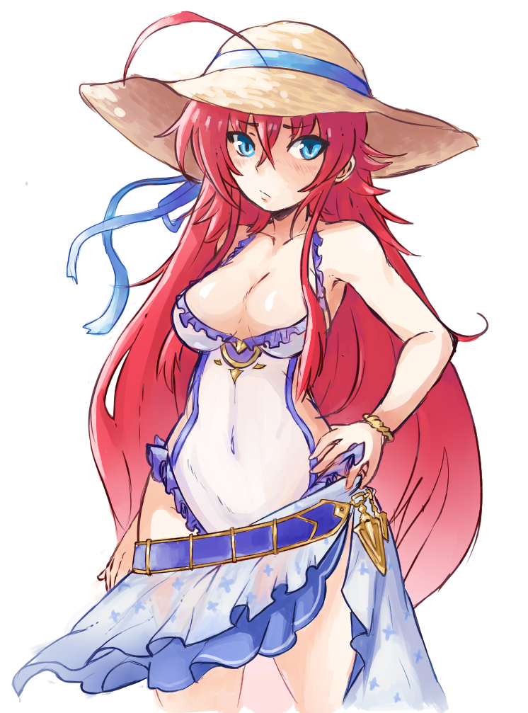 1girl ahoge bangs blue_eyes blue_swimsuit bracelet breasts closed_mouth cosplay cowboy_shot eyebrows_visible_through_hair frilled_swimsuit frills frown genkillua granblue_fantasy hand_on_hip heles heles_(cosplay) high_school_dxd jewelry long_hair looking_at_viewer medium_breasts navel one-piece_swimsuit redhead rias_gremory sarong see-through solo standing swimsuit very_long_hair white_background white_swimsuit