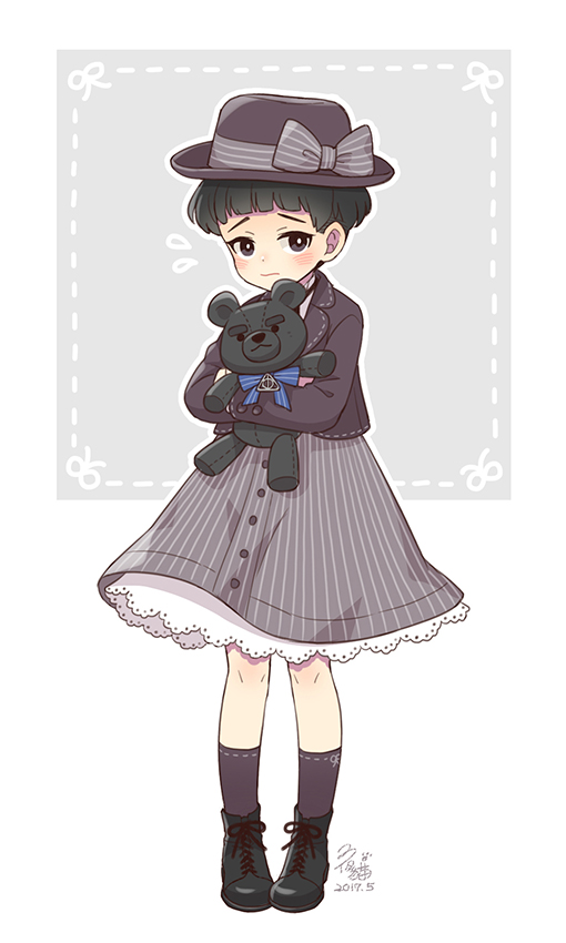 1boy artist_name black_eyes black_hair boots bow credence_barebone dress fantastic_beasts_and_where_to_find_them hat nightcat simple_background solo stuffed_animal stuffed_toy teddy_bear trap white_background younger