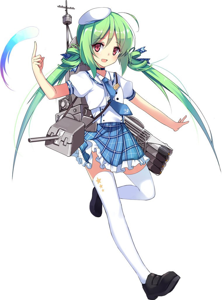 1girl :d anchor_symbol azur_lane bare_arms beret black_footwear blue_choker blue_neckwear blue_skirt blush choker comet comet_(azur_lane) eyebrows eyebrows_visible_through_hair frilled_skirt frills full_body green_hair hat kazucha loafers long_hair machinery mini_hat miniskirt namesake necktie official_art open_mouth pink_eyes plaid plaid_skirt puffy_short_sleeves puffy_sleeves shirt shoes short_sleeves simple_background skirt smile solo star star_print tareme thigh-highs transparent_background turret twintails white_hat white_legwear white_shirt zettai_ryouiki