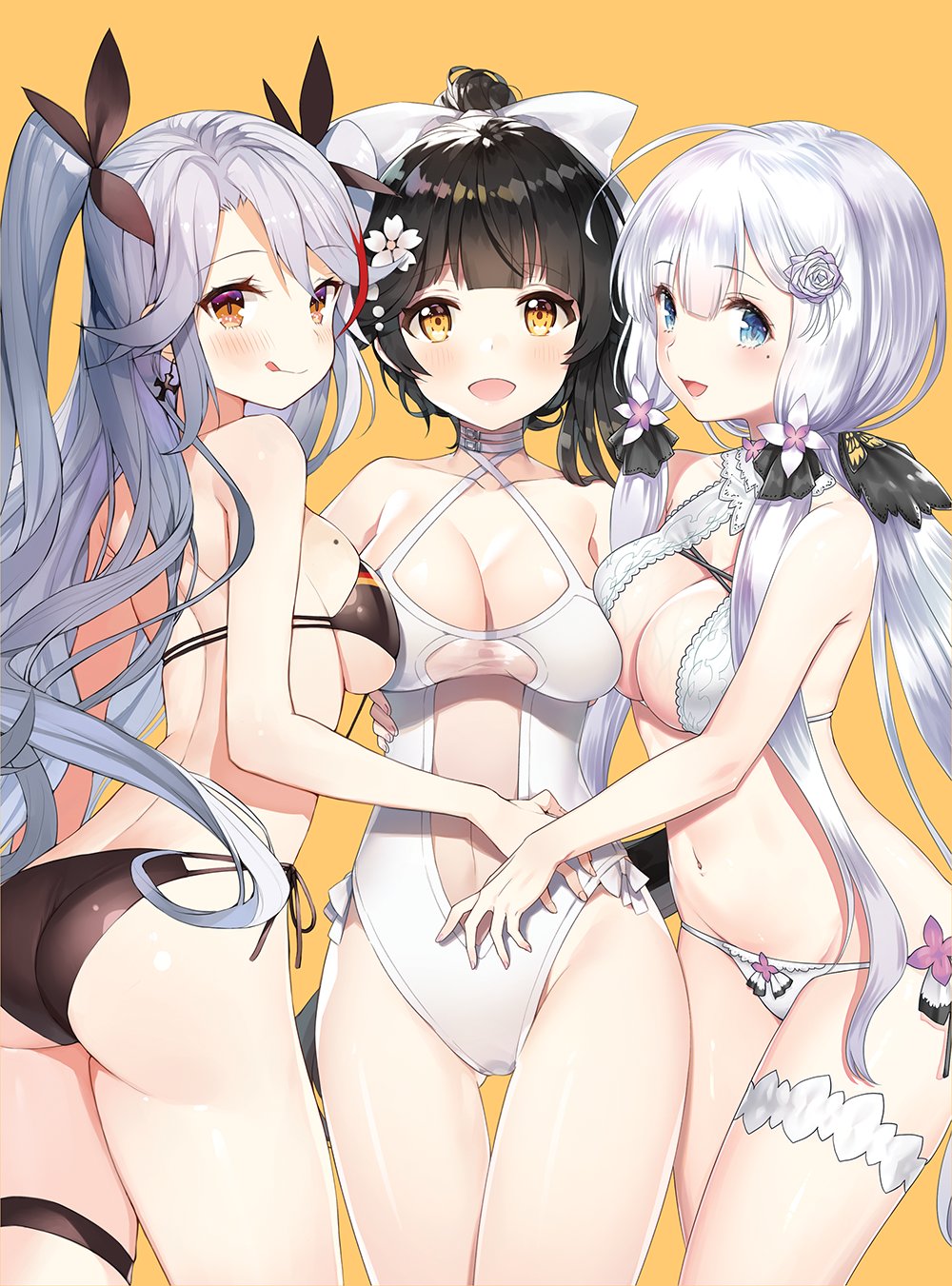 3girls :d :q ahoge ass ayami_(annahibi) azur_lane bikini black_hair blue_eyes blush bow breasts brown_eyes choker cleavage cowboy_shot criss-cross_halter gluteal_fold hair_bow hair_flaps halterneck hand_on_another's_stomach highres illustrious_(azur_lane) leg_garter long_hair looking_at_viewer low_ponytail medium_breasts medium_hair mole mole_on_breast multi-strapped_bikini multiple_girls navel one-piece_swimsuit open_mouth ponytail prinz_eugen_(azur_lane) see-through side-tie_bikini sideboob sidelocks silver_hair simple_background smile swimsuit takao_(kantai_collection) thigh_gap thigh_strap tongue tongue_out two_side_up white_bikini white_swimsuit yellow_background yellow_eyes