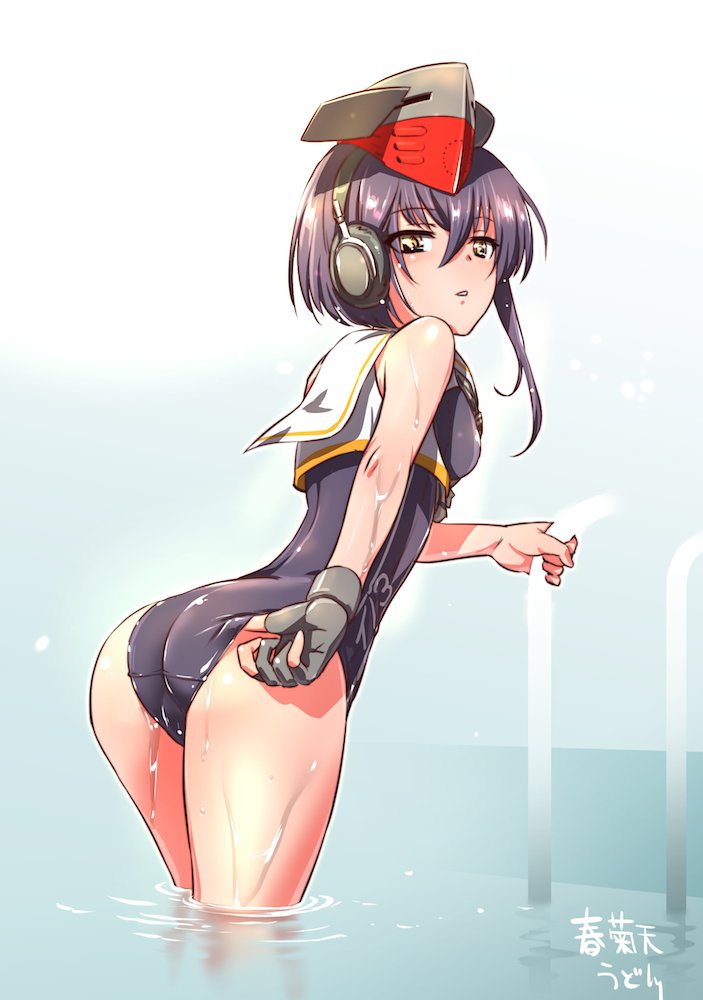 1girl adjusting_clothes adjusting_swimsuit artist_name ass asymmetrical_hair black_gloves black_hair black_swimsuit brown_eyes cowboy_shot framed_breasts from_behind gloves hair_between_eyes hat headphones i-13_(kantai_collection) kantai_collection looking_at_viewer looking_back one-piece_swimsuit partly_fingerless_gloves sailor_collar school_swimsuit short_hair shungikuten single_glove solo swimsuit swimsuit_under_clothes tsurime water