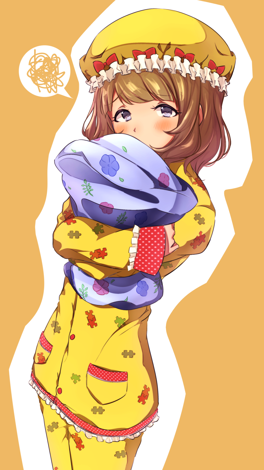 1girl blue_eyes blue_pillow blush bow brown_hair commentary_request daisu eyebrows_visible_through_hair floral_print frills furrowed_eyebrows hat highres idolmaster idolmaster_million_live! long_sleeves looking_at_viewer mob_cap orange_background outline pajamas pillow pillow_hug pocket puzzle_piece_print red_bow sleeves_past_wrists solo spoken_squiggle squiggle standing suou_momoko