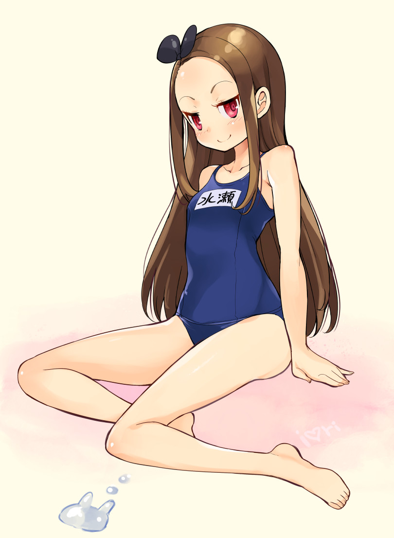 1girl bare_shoulders barefoot blush breasts brown_hair ereraero gradient gradient_background idolmaster long_hair minase_iori one-piece_swimsuit school_swimsuit sitting small_breasts smile solo swimsuit violet_eyes
