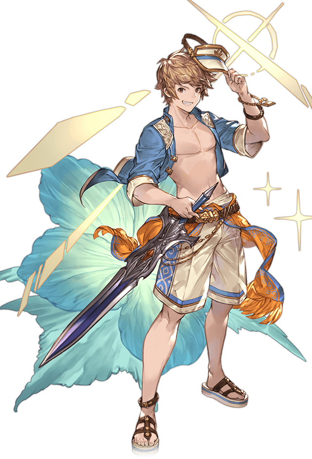 1boy bare_chest belt bracelet brown_hair diffraction_spikes flower full_body gran_(granblue_fantasy) granblue_fantasy grin hibiscus jacket jewelry looking_at_viewer male_focus male_swimwear minaba_hideo official_art open_clothes open_jacket removing_hat sandals sash smile solo sparkle swim_trunks swimwear sword transparent_background visor_cap weapon