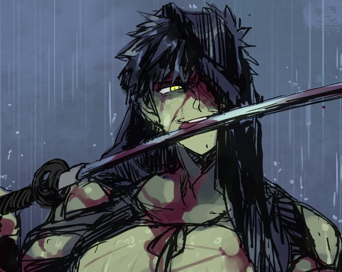 1boy black_hair blood covered_eye doudanuki_masakuni holding holding_sword holding_weapon licking licking_weapon male_focus muscle nagatekkou sword torn_clothes touken_ranbu upper_body weapon yellow_eyes