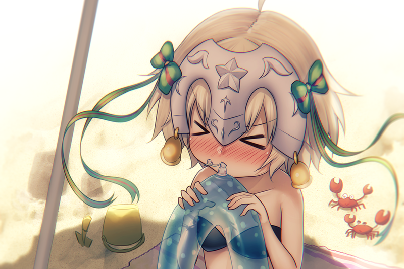 &gt;_&lt; 1girl ahoge animal bangs bare_arms bare_shoulders beach bell bikini black_bikini blowing blush bow bucket closed_eyes collarbone crab day eyebrows_visible_through_hair fal fate/grand_order fate_(series) green_bow green_ribbon hair_bow headpiece holding holding_innertube innertube jeanne_d'arc_(fate)_(all) jeanne_d'arc_alter_santa_lily nose_blush outdoors ribbon silver_hair solo striped striped_bow striped_ribbon swimsuit transparent trowel v-shaped_eyebrows