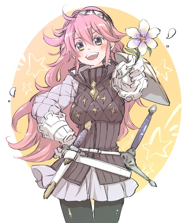 1girl armor blush cape fire_emblem fire_emblem_heroes fire_emblem_if gloves hairband kizuki_miki long_hair looking_at_viewer pink_hair simple_background smile soleil_(fire_emblem_if) solo violet_eyes white_background