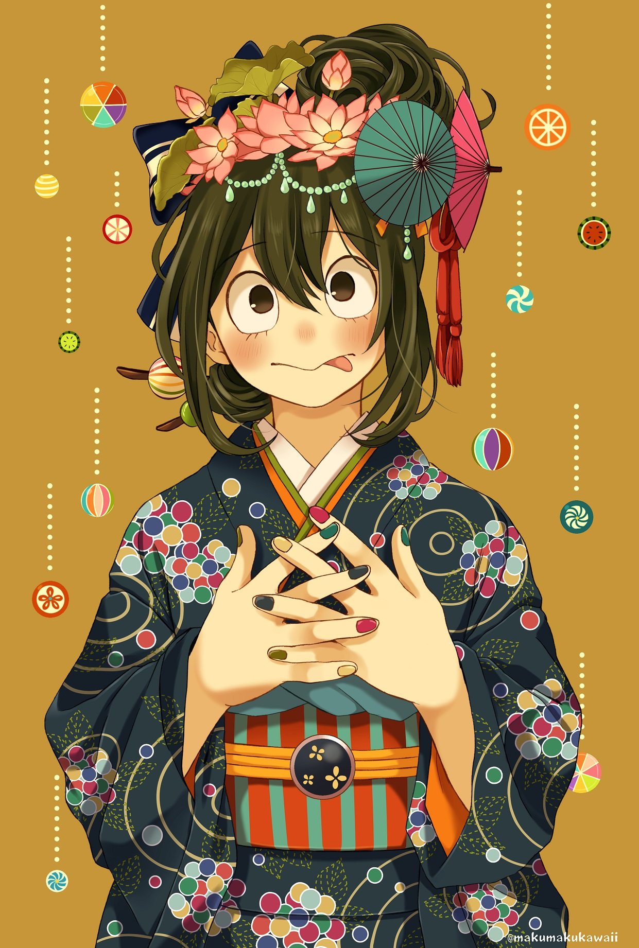 1girl :p alternate_costume alternate_hairstyle asui_tsuyu black_eyes black_hair boku_no_hero_academia flower hair_ornament hair_up hands_on_own_chest highres japanese_clothes kanzashi kimono multicolored multicolored_nail_polish nail_polish nanaminn orange_background solo tongue tongue_out twitter_username umbrella