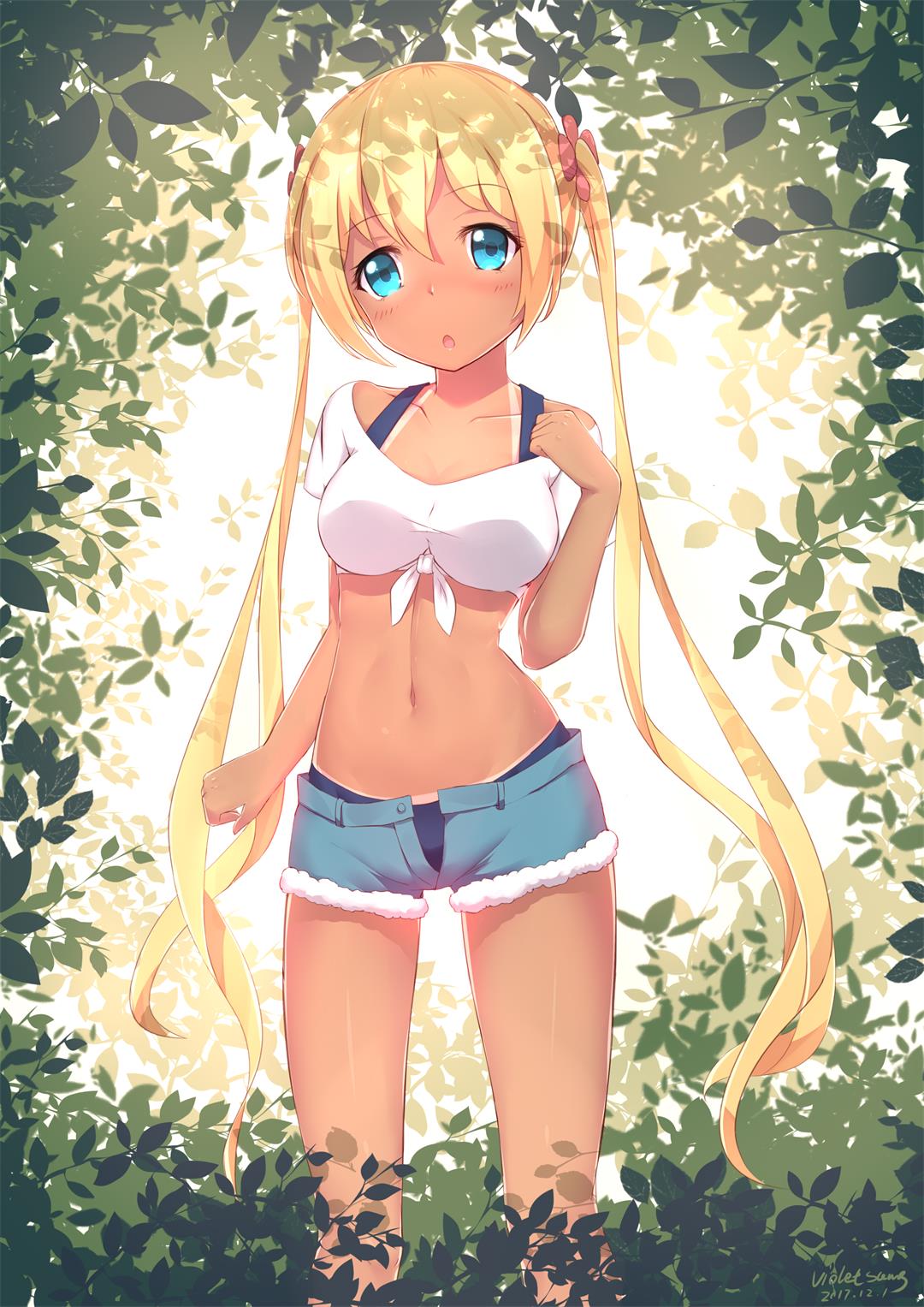 1girl artist_name bangs bikini bikini_tan blend_s blonde_hair blue_bikini blue_eyes blue_shorts blush breasts collarbone commentary_request crop_top dated day denim denim_shorts eyebrows_visible_through_hair flower hair_between_eyes hair_flower hair_ornament head_tilt highres hinata_kaho long_hair looking_at_viewer medium_breasts midriff navel off-shoulder_shirt open_fly open_mouth outdoors parted_lips shirt short_shorts short_sleeves shorts signature solo standing swimsuit tan tanline tied_shirt twintails very_long_hair violetsang white_shirt