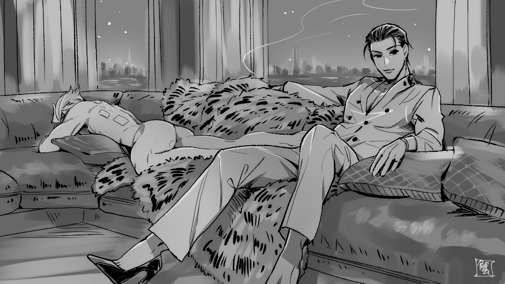 2boys ass cigarette cityscape clothed_male_nude_male couch fate/grand_order fate_(series) greyscale high_heels james_moriarty_(fate/grand_order) looking_at_viewer male_focus monochrome multiple_boys nude parody pillow sherlock_holmes_(fate/grand_order) signature smile smoke