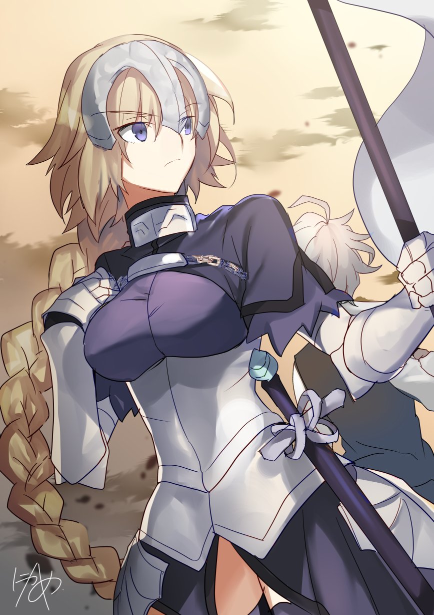 1boy 1girl armor artist_name back-to-back bangs blonde_hair braid closed_mouth commentary_request eyebrows_visible_through_hair fate/apocrypha fate_(series) faulds gauntlets hair_between_eyes hand_up headpiece highres holding_flag jeanne_d'arc_(fate) jeanne_d'arc_(fate)_(all) long_hair looking_to_the_side nikame outdoors sieg_(fate/apocrypha) signature single_braid solo_focus standard_bearer thigh-highs very_long_hair violet_eyes wavy_hair