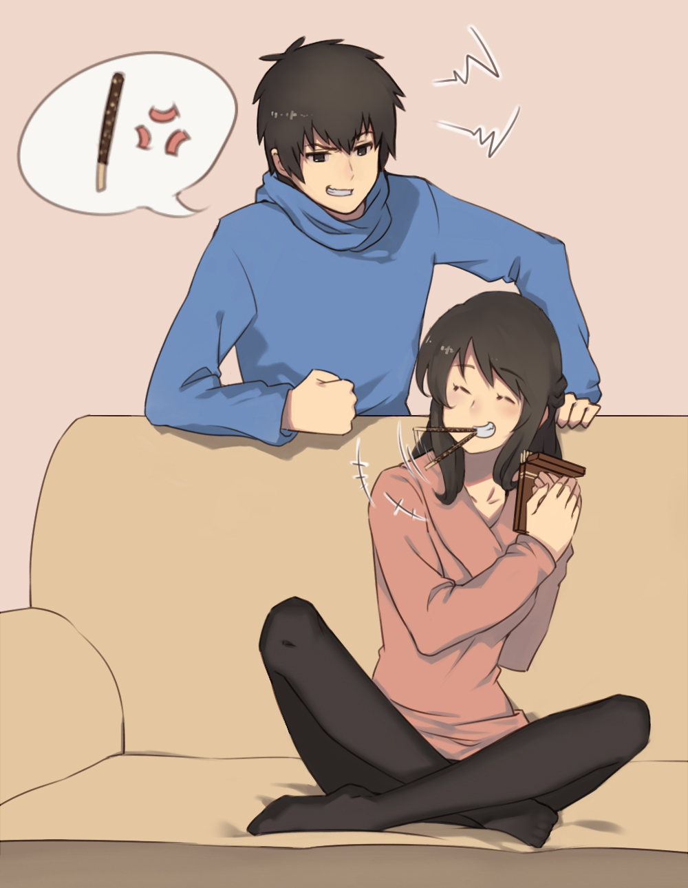 1boy 1girl anger_vein black_legwear brown_eyes brown_hair couch couple food food_in_mouth grin hetero highres indian_style kimi_no_na_wa legs_crossed miyamizu_mitsuha mouth_hold older pantyhose pink_background pocky simple_background sitting smile speech_bubble squidsmith sweater tachibana_taki