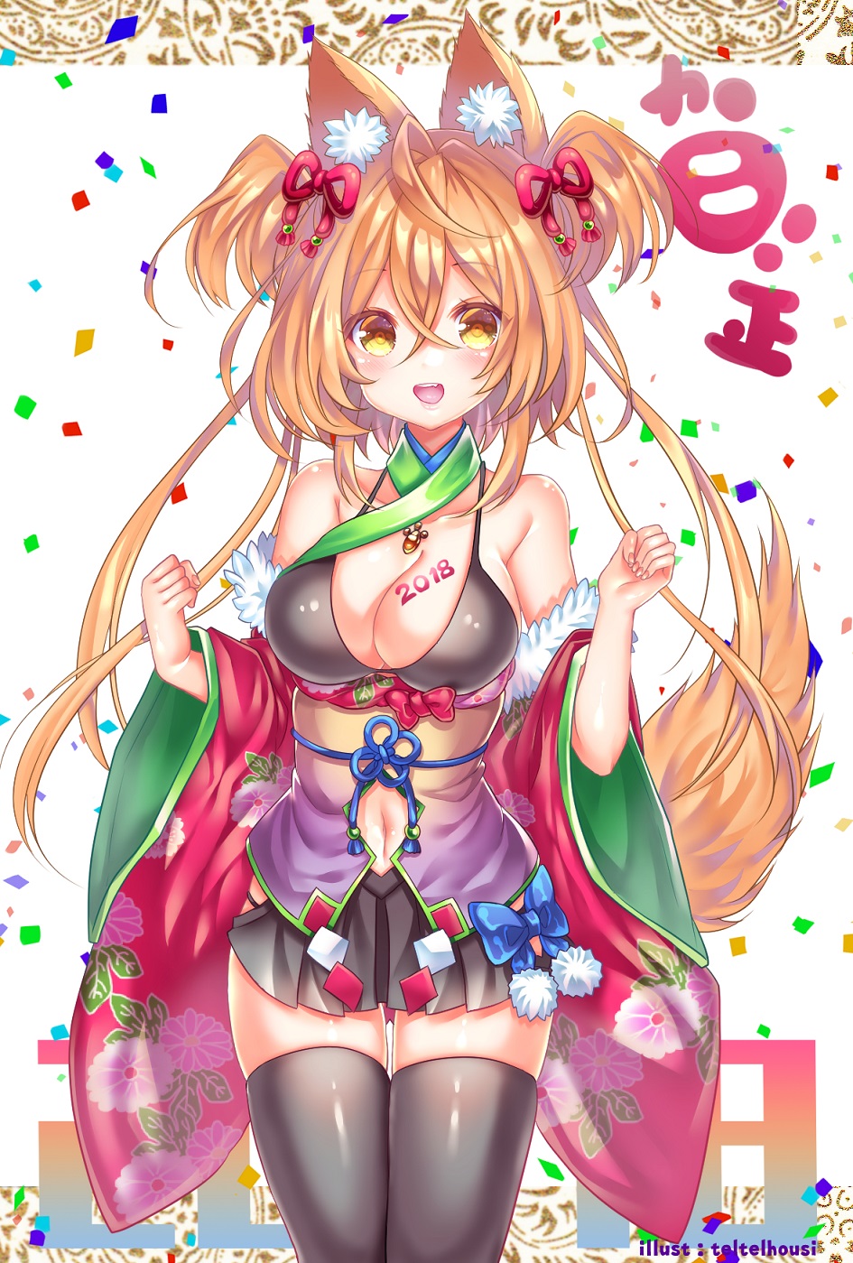 1girl 2018 animal_ears artist_name bare_shoulders bikini black_bikini black_legwear black_skirt blue_bow blush body_writing bow breasts brown_hair cleavage clenched_hand confetti cowboy_shot dog_ears dog_tail hair_ornament highres hip_vent japanese_clothes large_breasts long_hair long_sleeves looking_at_viewer miniskirt navel nengajou new_year off_shoulder open_mouth original scarf short_hair_with_long_locks skirt solo swimsuit tail teltelhousi thigh-highs two_side_up wide_sleeves yellow_eyes
