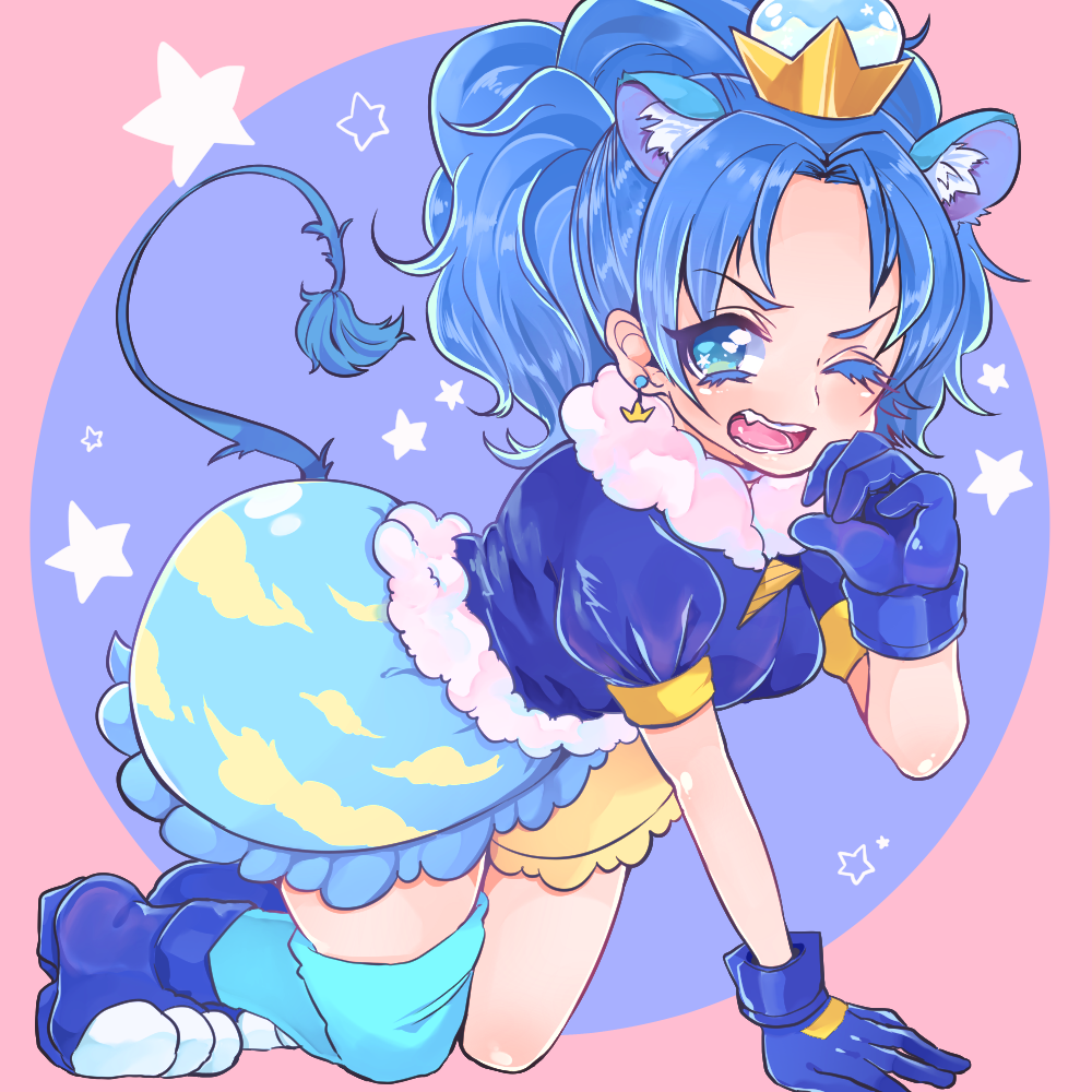 1girl ;d all_fours animal_ears blue_background blue_eyes blue_footwear blue_gloves blue_hair blue_legwear blue_shirt blue_skirt bubble_skirt colored_eyelashes crown cure_gelato earrings extra_ears gloves jewelry kirakira_precure_a_la_mode layered_skirt lion_ears lion_tail long_hair looking_at_viewer magical_girl mini_crown norainu one_eye_closed open_mouth pink_background precure shirt shoes single_thighhigh skirt smile solo star star_in_eye symbol_in_eye tail tategami_aoi thigh-highs yellow_skirt