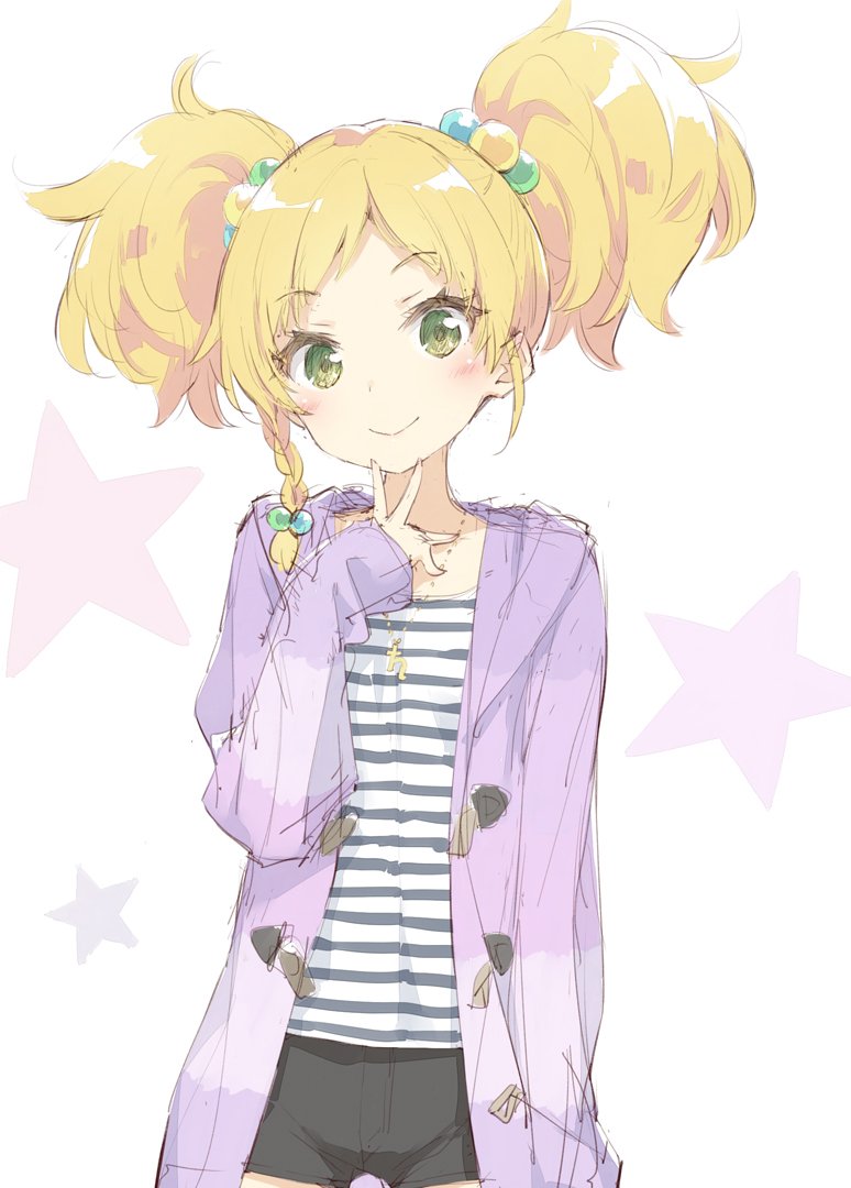 1girl aikatsu! aikatsu_stars! black_shorts blonde_hair blush braid casual coat commentary_request cowboy_shot duffel_coat green_eyes hair_bobbles hair_ornament hand_on_own_chest nikaidou_yuzu open_clothes open_coat peko purple_hoodie shirt shorts side_braid sketch smile solo star striped striped_shirt twintails v