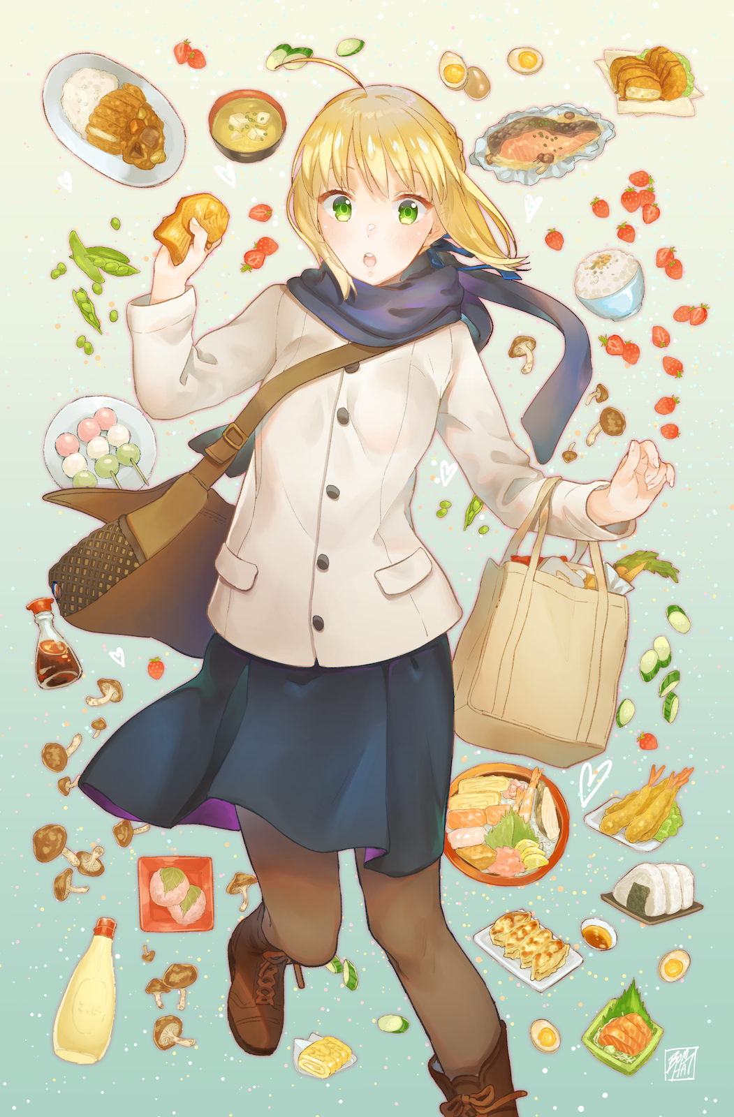 1girl ahoge artoria_pendragon_(all) bangs blonde_hair blue_scarf blue_skirt blunt_bangs bomhat boots brown_footwear brown_legwear fate/stay_night fate_(series) food green_eyes highres holding holding_food leg_up looking_at_viewer open_mouth pantyhose saber scarf short_hair_with_long_locks sidelocks skirt solo standing standing_on_one_leg white_coat winter_clothes