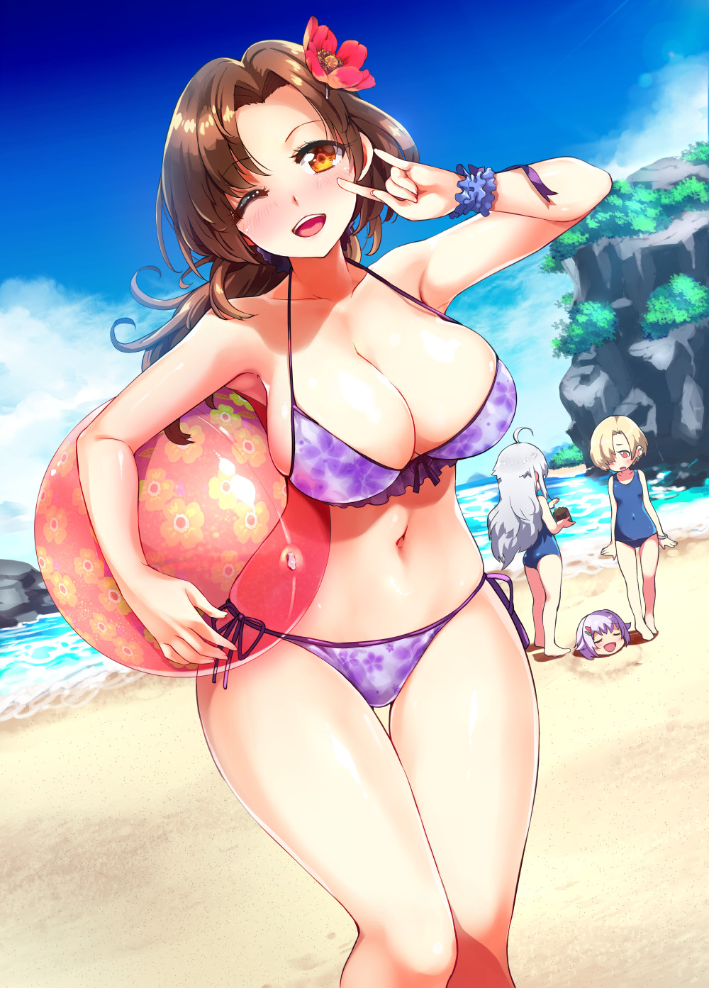 4girls ;d \m/ ahoge ass ball barefoot beach beachball bikini blonde_hair blue_sky blush breasts brown_hair buried cleavage cliff clouds covered_navel dutch_angle ear_piercing ereraero flower hair_flower hair_ornament hair_over_one_eye highres hoshi_shouko idolmaster idolmaster_cinderella_girls kawashima_mizuki koshimizu_sachiko large_breasts long_hair looking_at_viewer multiple_girls navel one-piece_swimsuit one_eye_closed open_mouth orange_eyes outdoors piercing purple_bikini purple_hair scrunchie shirasaka_koume silver_hair sky small_breasts smile standing swimsuit teeth thigh_gap water wrist_scrunchie