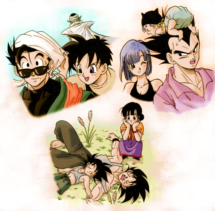 3girls 6+boys :d ;) annoyed baby back_turned black_eyes black_hair black_shirt blue_eyes blue_hair bracelet bulma cape chi-chi_(dragon_ball) chinese_clothes diaper dragon_ball dragonball_z frown jewelry looking_at_another looking_up masa_(p-piyo) multiple_boys multiple_girls nervous nib_pen_(medium) one_eye_closed open_mouth piccolo pink_shirt pointy_ears shirt short_hair simple_background sleeping sleeping_on_person smile son_gohan son_gokuu son_goten sunglasses sweatdrop traditional_media trunks_(dragon_ball) turban vegeta videl white_background