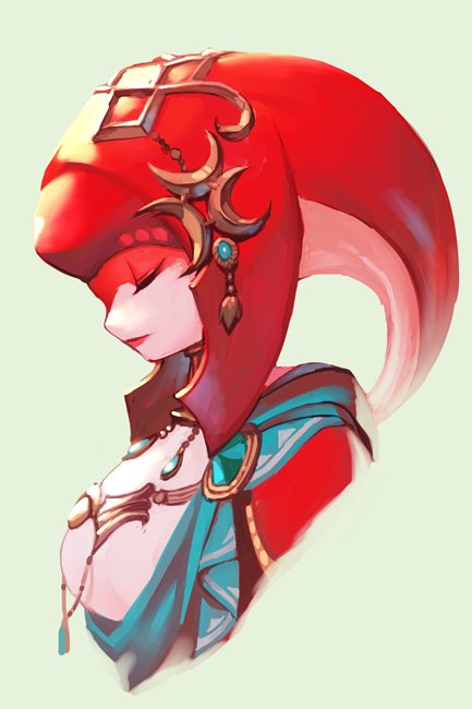 1girl breasts fins fish_girl hair_ornament hankuri jewelry long_hair mipha monster_girl multicolored multicolored_skin no_eyebrows red_skin redhead smile solo the_legend_of_zelda the_legend_of_zelda:_breath_of_the_wild zora