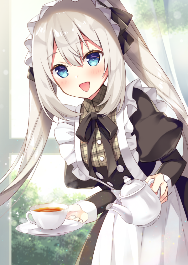 1girl :d apron bangs black_neckwear blue_eyes blush bow bowtie commentary_request cowboy_shot cup curtains day dress eyebrows_visible_through_hair fate/grand_order fate_(series) grey_hair holding holding_cup indoors juliet_sleeves leaning_forward long_hair long_sleeves looking_at_viewer maid maid_headdress marie_antoinette_(fate/grand_order) open_mouth plaid puffy_sleeves smile solo sumisaki_yuzuna tea teacup teapot twintails white_apron window