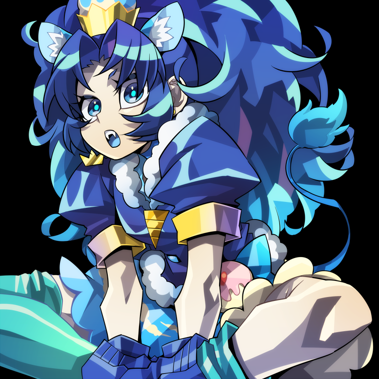 1girl :o animal_ears black_background blue blue_bow blue_eyes blue_footwear blue_gloves blue_hair blue_legwear blue_shirt blue_skirt bow cat_ears cat_tail cure_gelato extra_ears fang gloves indian_style kirakira_precure_a_la_mode lion_ears lion_tail long_hair looking_at_viewer magical_girl ninomae open_mouth precure shirt shoes simple_background single_thighhigh sitting skirt solo tail tategami_aoi thigh-highs