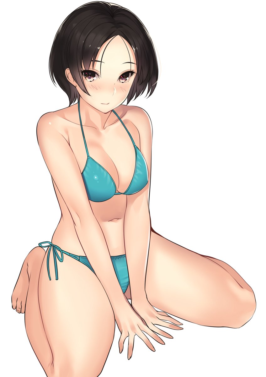 1girl bangs bare_arms bare_legs bare_shoulders barefoot between_legs bikini black_hair blue_bikini blue_ribbon blush breasts cleavage closed_mouth collarbone forehead full_body halterneck hand_between_legs highres kagematsuri looking_at_viewer medium_breasts navel nose_blush original own_hands_together parted_bangs ribbon short_hair side-tie_bikini simple_background sitting smile solo stomach swimsuit thighs tsurime v_arms violet_eyes wariza white_background