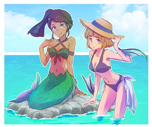 2girls blue_eyes brown_hair fins hat iesupa mermaid monster_girl multiple_girls o-ring_bikini ocean rwby scales straw_hat swimsuit wading