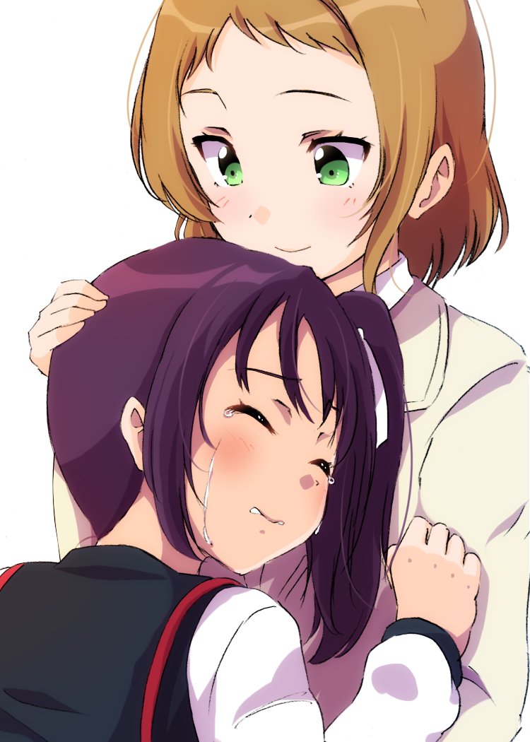 2girls bangs brown_hair clenched_hand closed_eyes comforting commentary_request crying green_eyes hair_ribbon hand_on_another's_chest hand_on_another's_head kazuno_sarah kira_tsubasa long_sleeves love_live! love_live!_school_idol_project love_live!_sunshine!! multiple_girls purple_hair ribbon sen_(sen0910) short_hair side_ponytail upper_body white_background white_ribbon