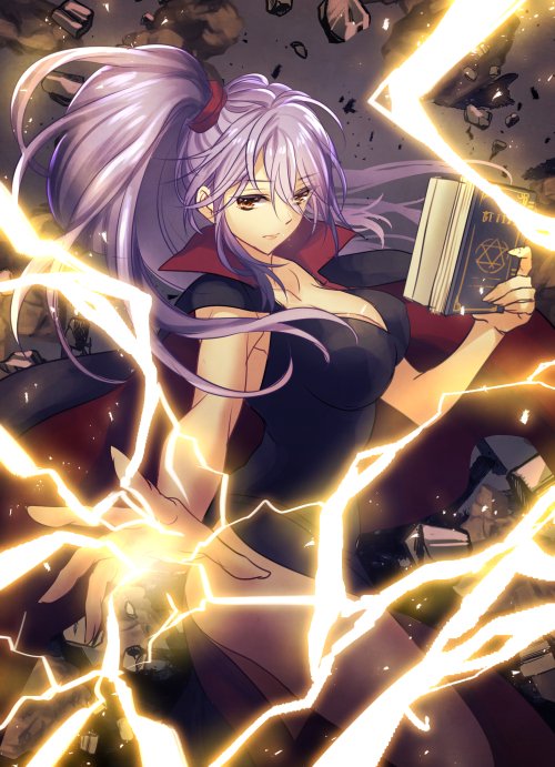 1girl ass book breasts brown_eyes cleavage fire_emblem ishtar_(fire_emblem) lavender_hair lightning lips long_hair magic minamibe outstretched_arm rock rubble side_ponytail solo thighs