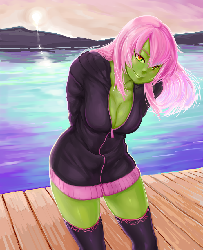 1girl alisa_(razalor) arms_behind_back breasts cleavage fang green_eyes green_skin hair_between_eyes hood hoodie leaning_forward long_hair looking_at_viewer medium_breasts multicolored multicolored_eyes neone no_pants original pier pink_hair red_eyes smile solo thigh-highs water yellow_eyes