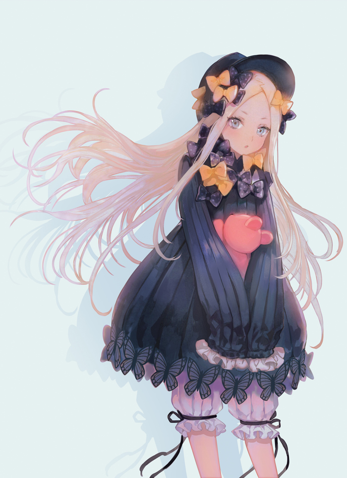 1girl :o abigail_williams_(fate/grand_order) bangs black_hat blonde_hair bloomers blue_background blue_eyes bow butterfly dress fate/grand_order fate_(series) feet_out_of_frame frilled_sleeves frills hair_bow hands_in_sleeves hat hat_bow holding holding_stuffed_animal lolita_fashion long_hair long_sleeves looking_at_viewer open_mouth orange_bow parted_bangs polka_dot polka_dot_bow shutsuri silhouette simple_background solo striped stuffed_animal stuffed_toy teddy_bear too_many_bows underwear vertical-striped_dress vertical_stripes very_long_hair white_bloomers