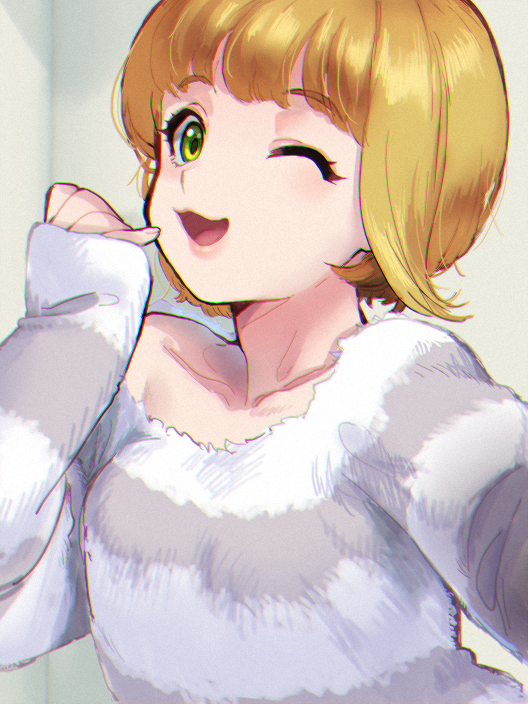 1girl :3 ;d bangs blonde_hair eyebrows_visible_through_hair fur_sweater green_eyes idolmaster idolmaster_cinderella_girls katsuoboshi looking_at_viewer miyamoto_frederica one_eye_closed open_mouth pink_lips short_hair single_bare_shoulder sleeves_past_wrists smile solo striped striped_sweater sweater upper_body