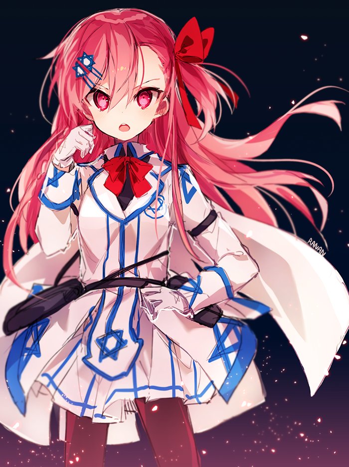 1girl ammunition_pouch arm_up artist_name asymmetrical_hair bangs belt black_legwear blush bow braid breasts collared_jacket eyebrows_visible_through_hair girls_frontline gloves hair_between_eyes hair_bow hair_ornament hair_ribbon hairclip hand_on_hip hand_up hexagram israel long_hair looking_at_viewer negev_(girls_frontline) open_mouth pantyhose pink_hair pouch ranan red_bow red_eyes ribbon simple_background skirt smile solo sparkle star_of_david white_gloves white_skirt