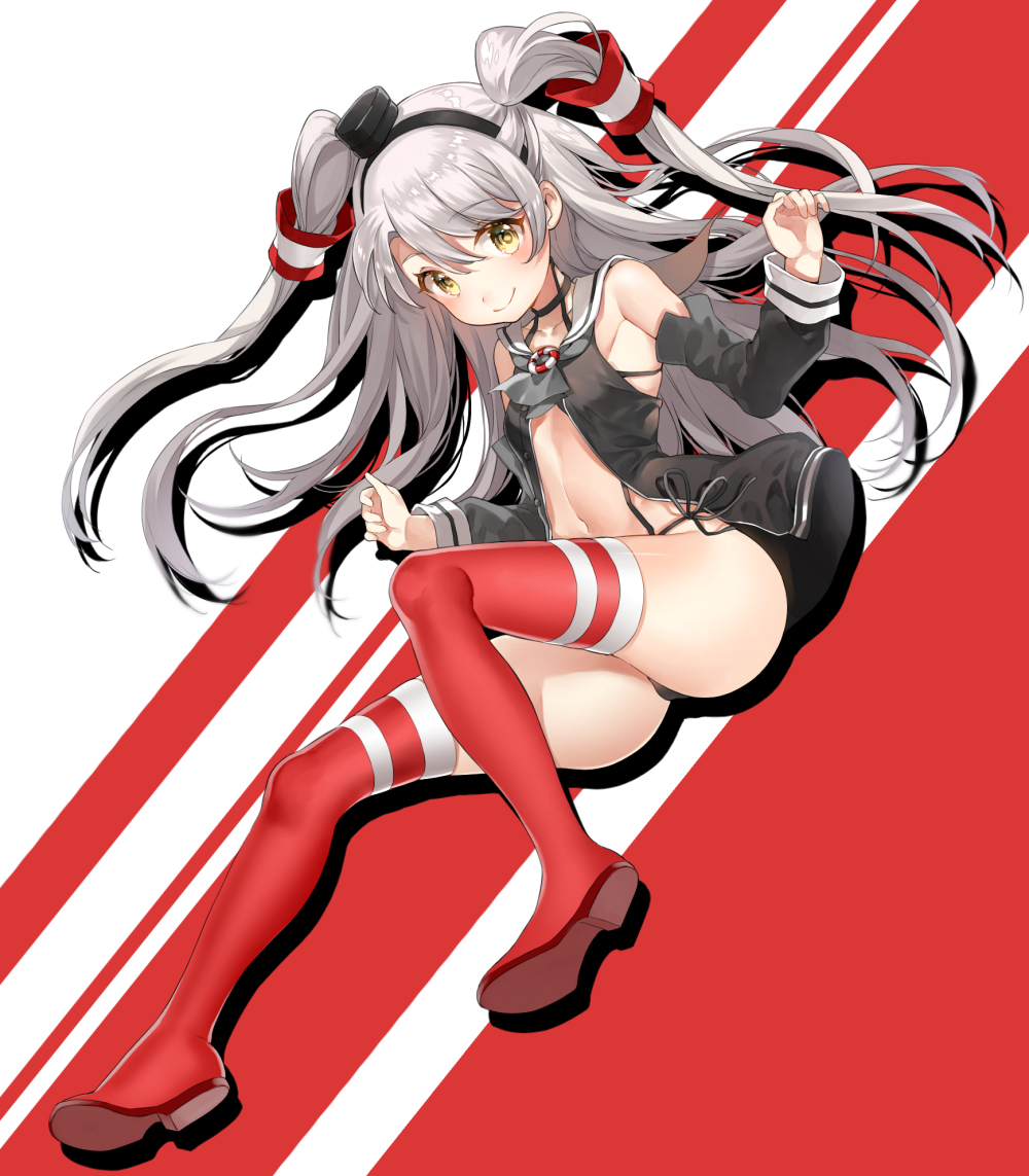 amatsukaze_(kantai_collection) bikini black_hairband black_hat black_panties blush boots breasts detached_sleeves eyebrows_visible_through_hair floating_hair full_body hair_between_eyes hairband hat kantai_collection long_hair looking_at_viewer midriff mini_hat navel panties red_footwear shiosoda side-tie_bikini sideboob silver_hair small_breasts smile stomach swimsuit thigh-highs thigh_boots twintails underwear very_long_hair yellow_eyes