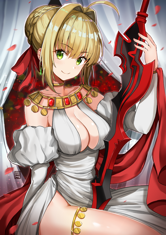 1girl aestus_estus arm_at_side artist_name bangs bare_shoulders blonde_hair blush braid breasts choker cleavage closed_mouth collarbone curtains detached_sleeves earrings eyebrows_visible_through_hair fate/grand_order fate_(series) green_eyes hair_bun hair_ribbon hand_up hiroki_(hirokiart) jewelry juliet_sleeves large_breasts long_sleeves looking_at_viewer nero_claudius_(fate) nero_claudius_(fate)_(all) pelvic_curtain petals puffy_sleeves red_ribbon ribbon shiny shiny_hair short_hair shoulder_necklace sidelocks sitting smile sparkle thigh_strap thighs