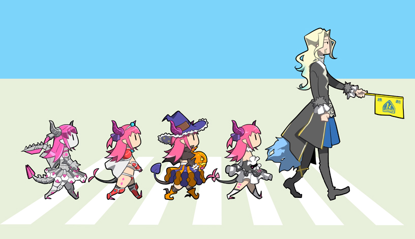 1boy 4girls abbey_road armor bikini_armor cape carrying crosswalk detached_sleeves dragon_girl dragon_horns dragon_tail elizabeth_bathory_(brave)_(fate) elizabeth_bathory_(halloween)_(fate) fate/apocrypha fate/extra fate/grand_order fate_(series) flag hat headgear holding horns jack-o'-lantern lancer_(fate/extra_ccc) lancer_of_black light_brown_hair mecha mecha_eli-chan multiple_girls parody purple_hair size_difference suetake_(kinrui) tail the_beatles walking witch_hat younger