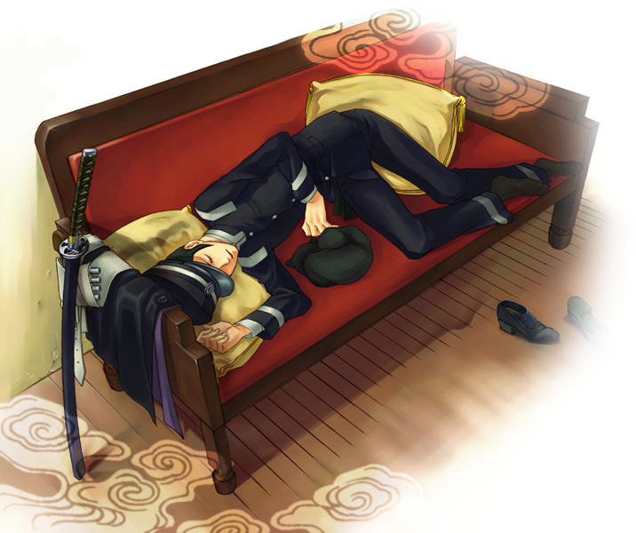 1boy black_hair cape cape_removed devil_summoner gouto hat kuzunoha_raidou raizou sheath sheathed shin_megami_tensei shoes_removed sideburns sleeping solo sword weapon