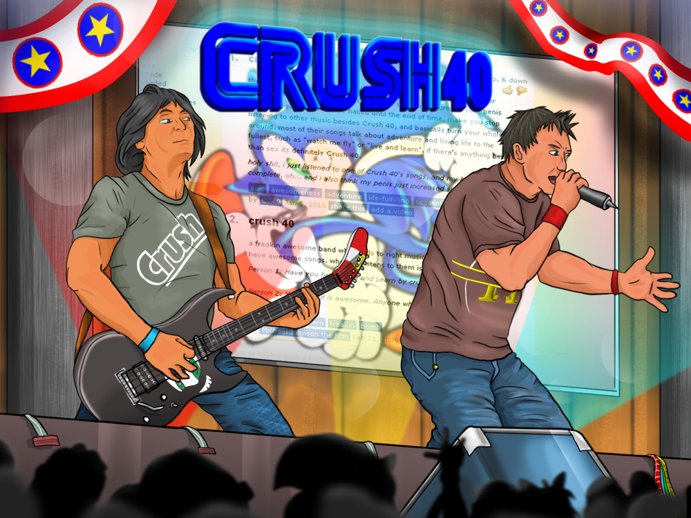 2boys band_name banner black_hair brown_eyes concert crowd crush40 dictionary electric_guitar green_eyes guitar instrument johnny_gioeli logo logo_parody microphone multiple_boys music playing_instrument profanity real_life rock_band senoue_jun silhouette singing sonic sonic_the_hedgehog stage stage_lights